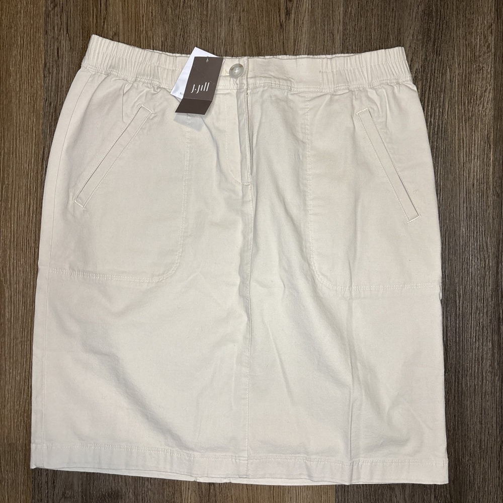 J Jill Khaki Flat Front Skirt Small Petite Knee Length Cotton‎ Blend Preppy NWT